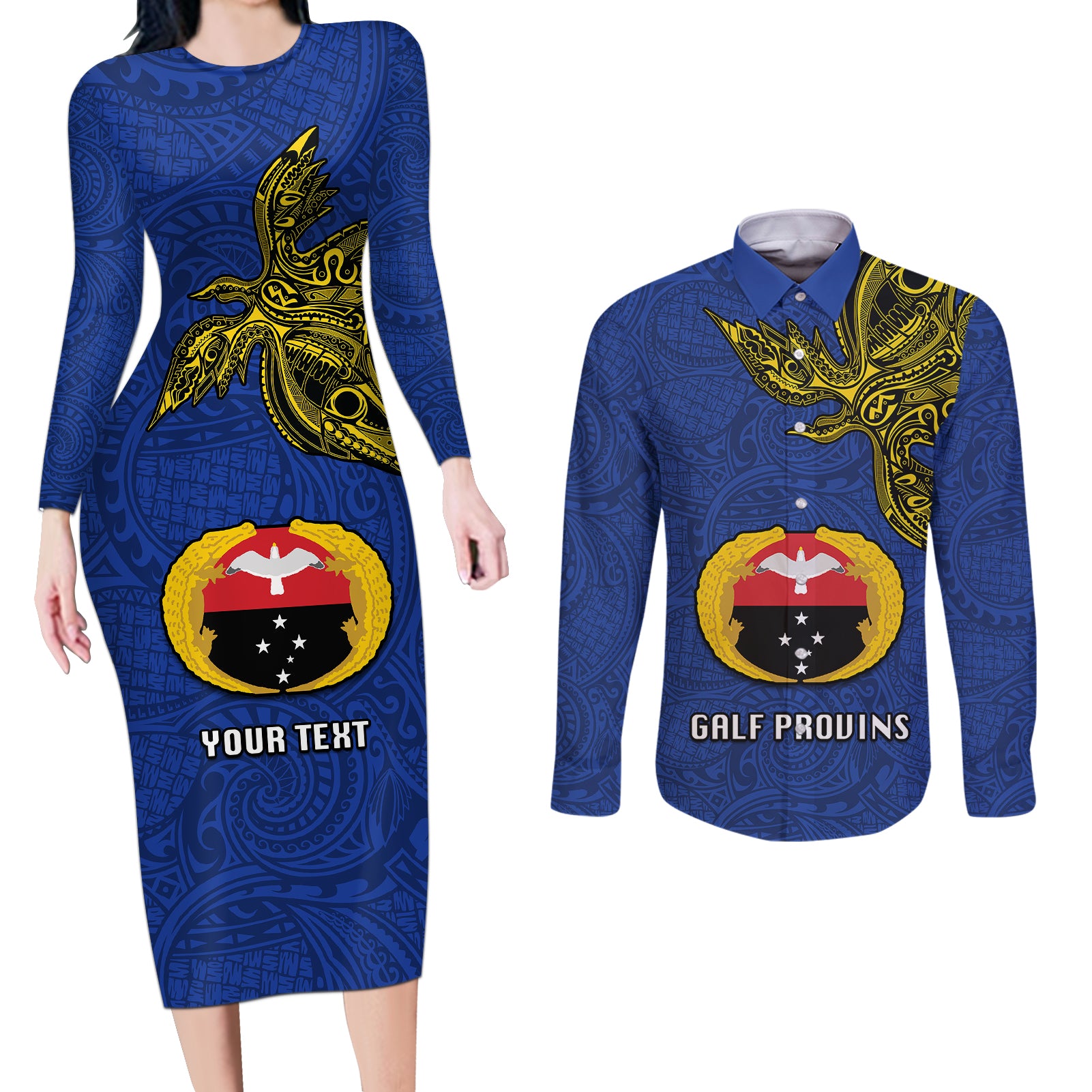 Custom Papua New Guinea Gulf Province Couples Matching Long Sleeve Bodycon Dress and Long Sleeve Button Shirts PNG Birds Of Paradise Polynesian Arty Style LT03 Blue - Polynesian Pride