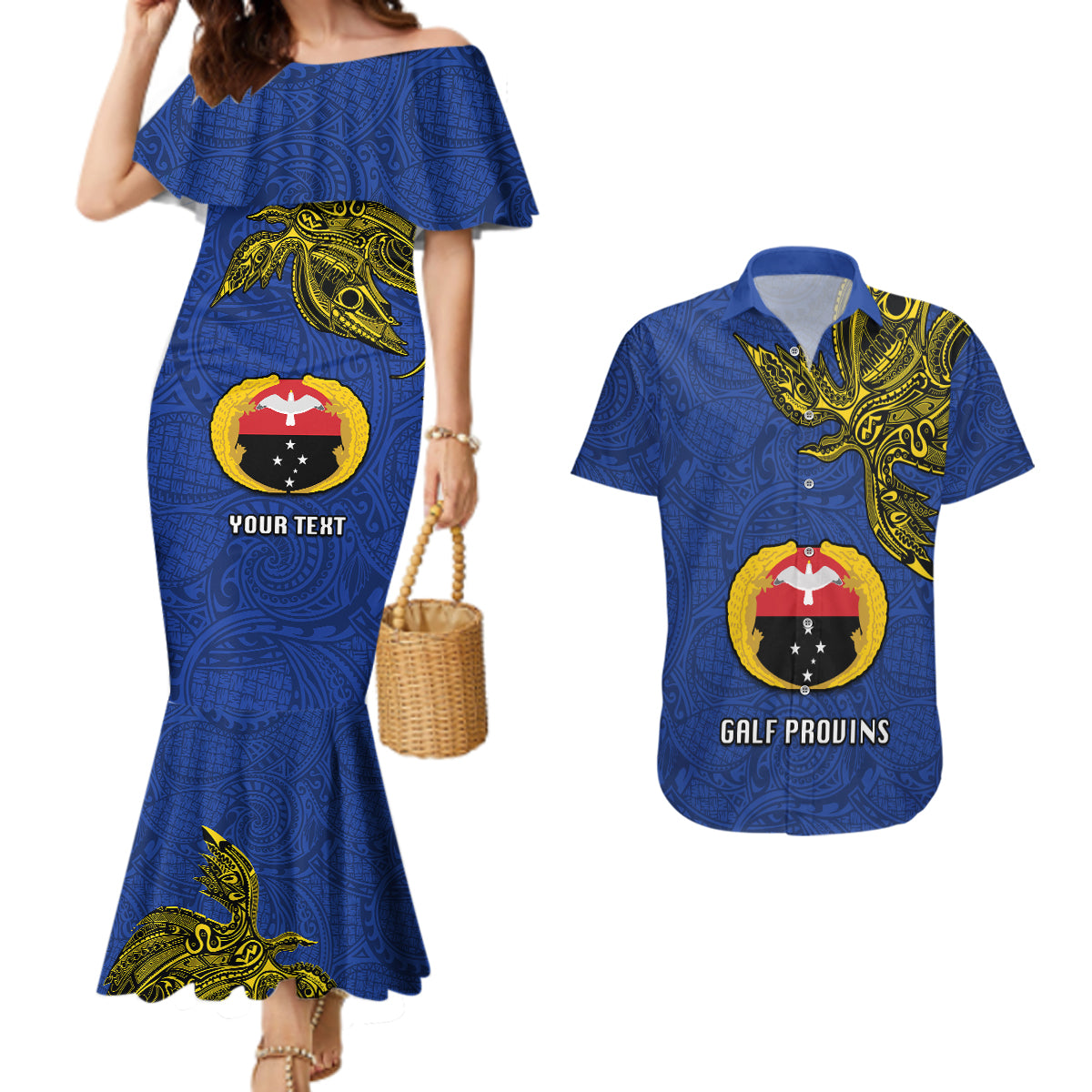 Custom Papua New Guinea Gulf Province Couples Matching Mermaid Dress and Hawaiian Shirt PNG Birds Of Paradise Polynesian Arty Style LT03 Blue - Polynesian Pride