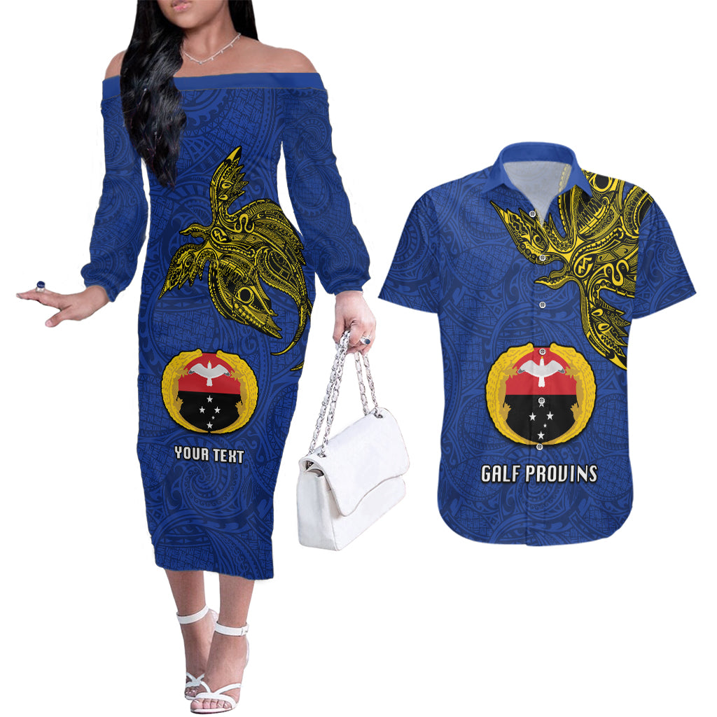 Custom Papua New Guinea Gulf Province Couples Matching Off The Shoulder Long Sleeve Dress and Hawaiian Shirt PNG Birds Of Paradise Polynesian Arty Style LT03 Blue - Polynesian Pride