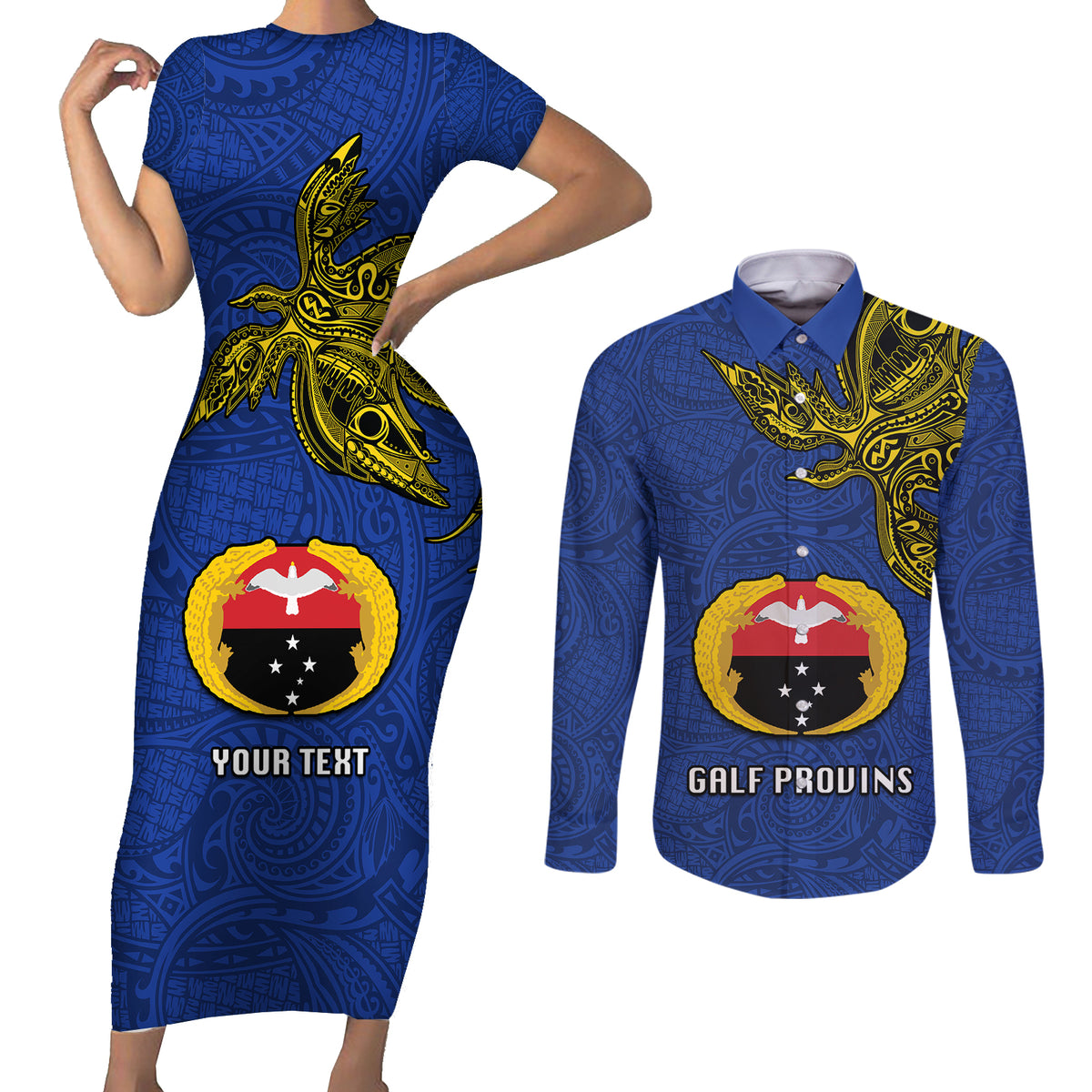 Custom Papua New Guinea Gulf Province Couples Matching Short Sleeve Bodycon Dress and Long Sleeve Button Shirts PNG Birds Of Paradise Polynesian Arty Style LT03 Blue - Polynesian Pride