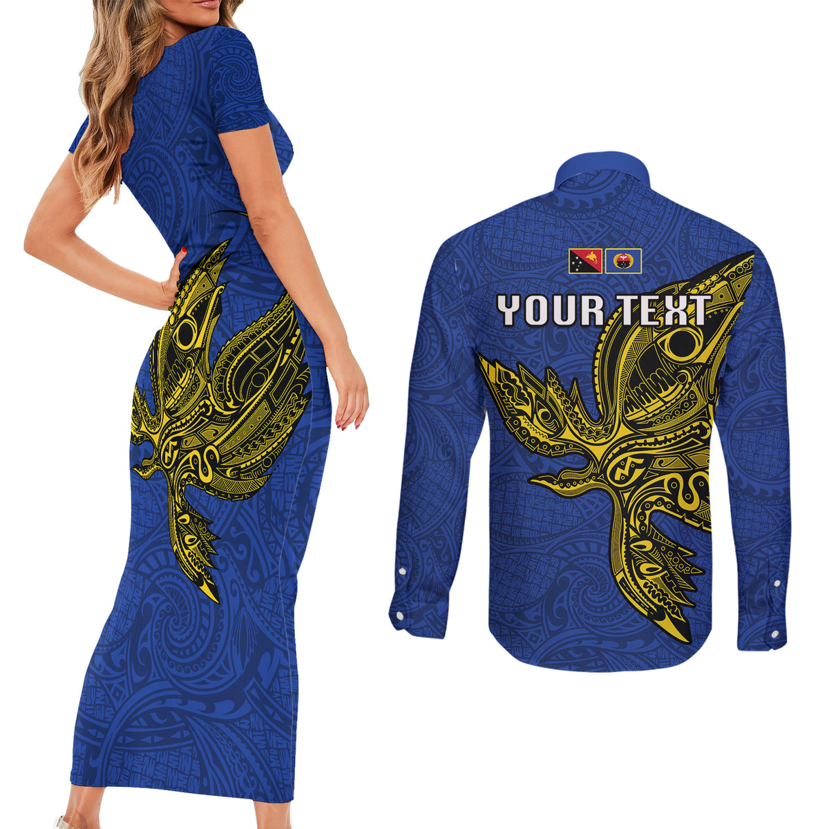 Custom Papua New Guinea Gulf Province Couples Matching Short Sleeve Bodycon Dress and Long Sleeve Button Shirts PNG Birds Of Paradise Polynesian Arty Style LT03 - Polynesian Pride