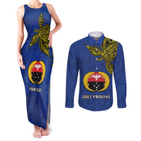 Custom Papua New Guinea Gulf Province Couples Matching Tank Maxi Dress and Long Sleeve Button Shirts PNG Birds Of Paradise Polynesian Arty Style LT03 Blue - Polynesian Pride