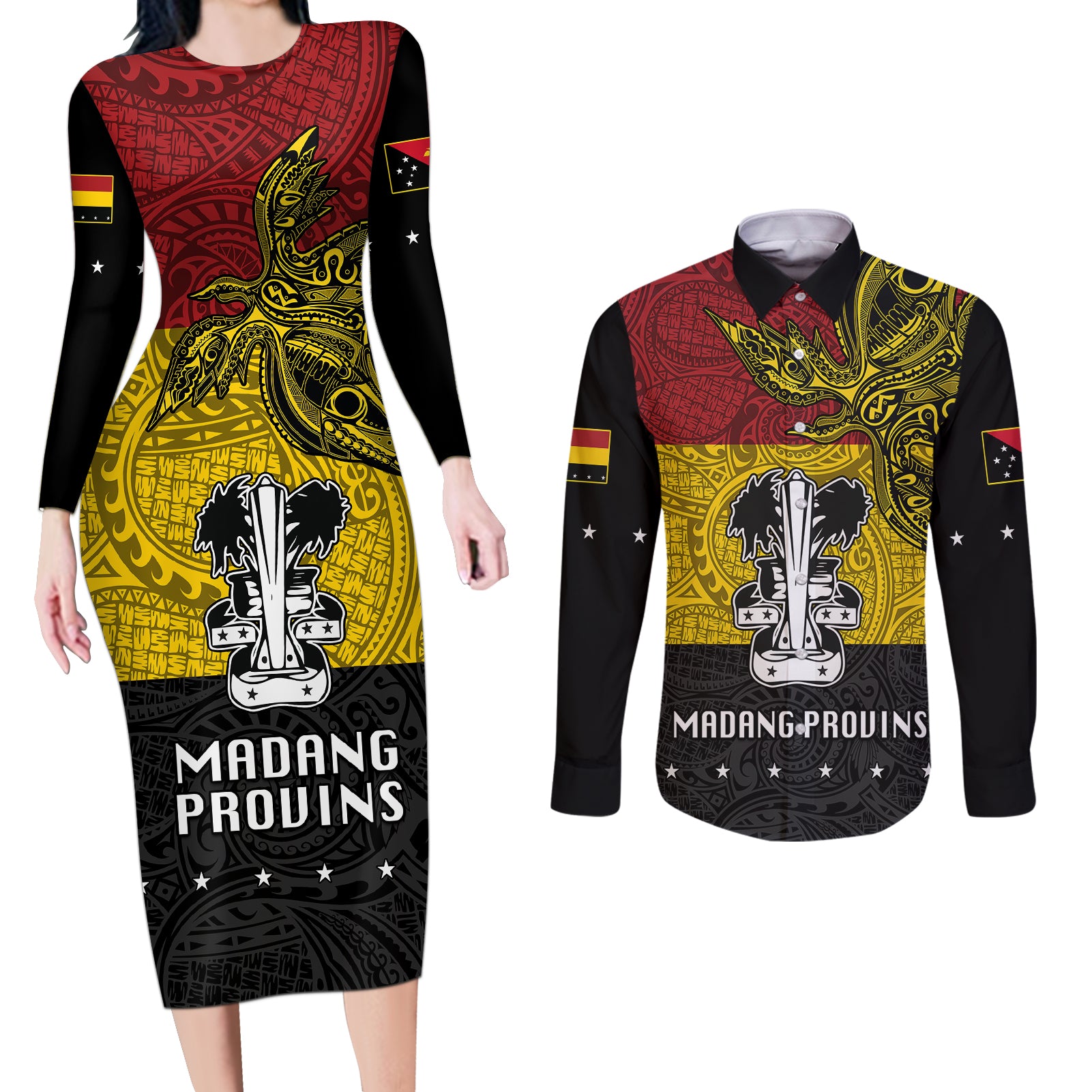 Papua New Guinea Madang Province Couples Matching Long Sleeve Bodycon Dress and Long Sleeve Button Shirts PNG Birds Of Paradise Polynesian Arty Style LT03 Yellow - Polynesian Pride