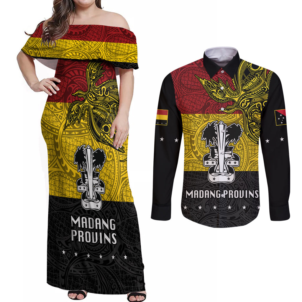 Papua New Guinea Madang Province Couples Matching Off Shoulder Maxi Dress and Long Sleeve Button Shirts PNG Birds Of Paradise Polynesian Arty Style LT03 Yellow - Polynesian Pride