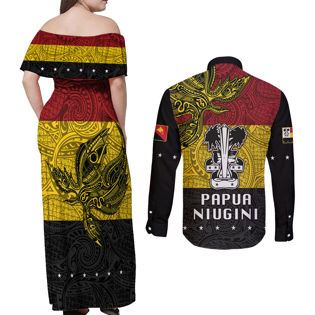 Papua New Guinea Madang Province Couples Matching Off Shoulder Maxi Dress and Long Sleeve Button Shirts PNG Birds Of Paradise Polynesian Arty Style LT03 - Polynesian Pride