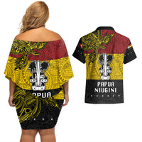 Papua New Guinea Madang Province Couples Matching Off Shoulder Short Dress and Hawaiian Shirt PNG Birds Of Paradise Polynesian Arty Style LT03 - Polynesian Pride