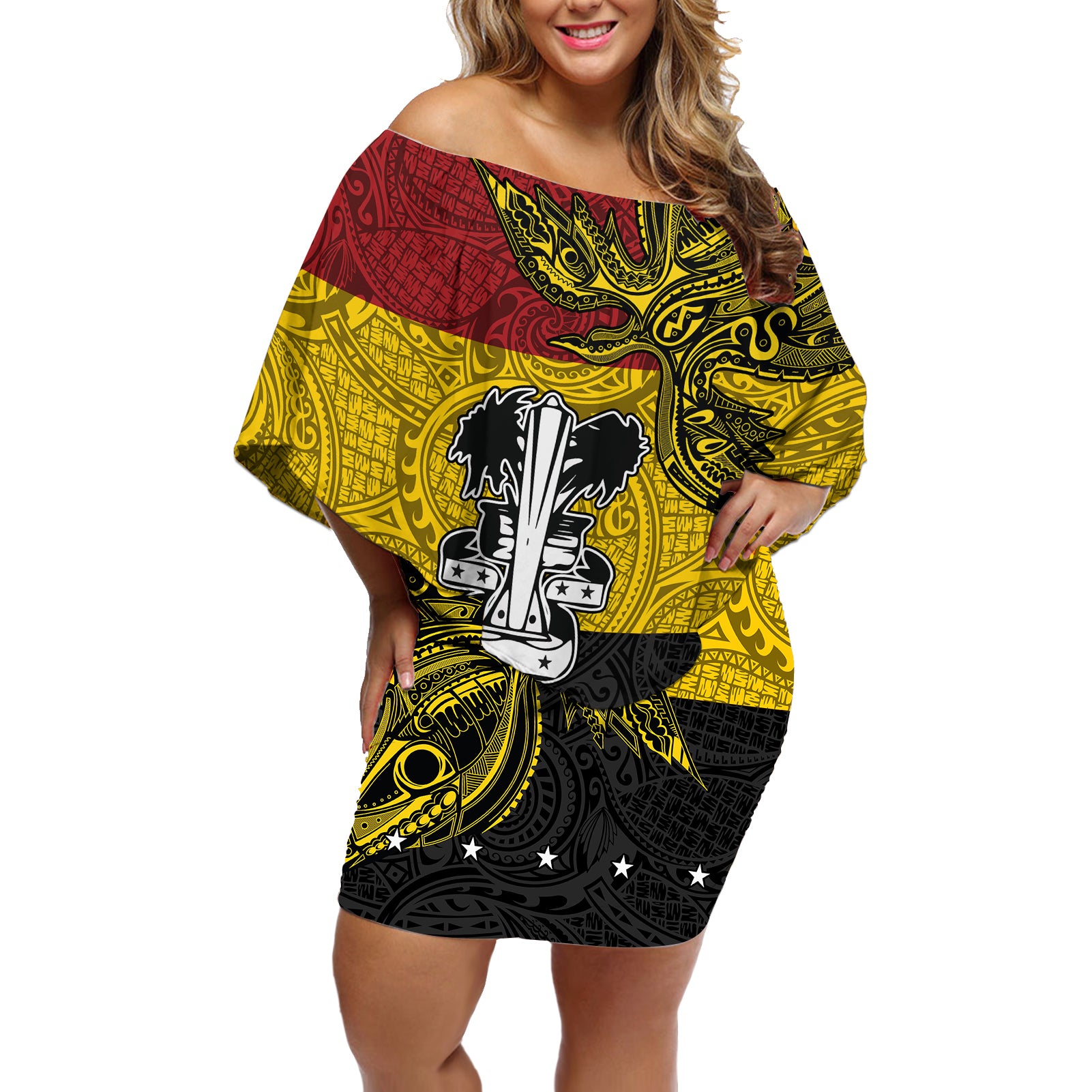 Papua New Guinea Madang Province Off Shoulder Short Dress PNG Birds Of Paradise Polynesian Arty Style LT03 Women Yellow - Polynesian Pride