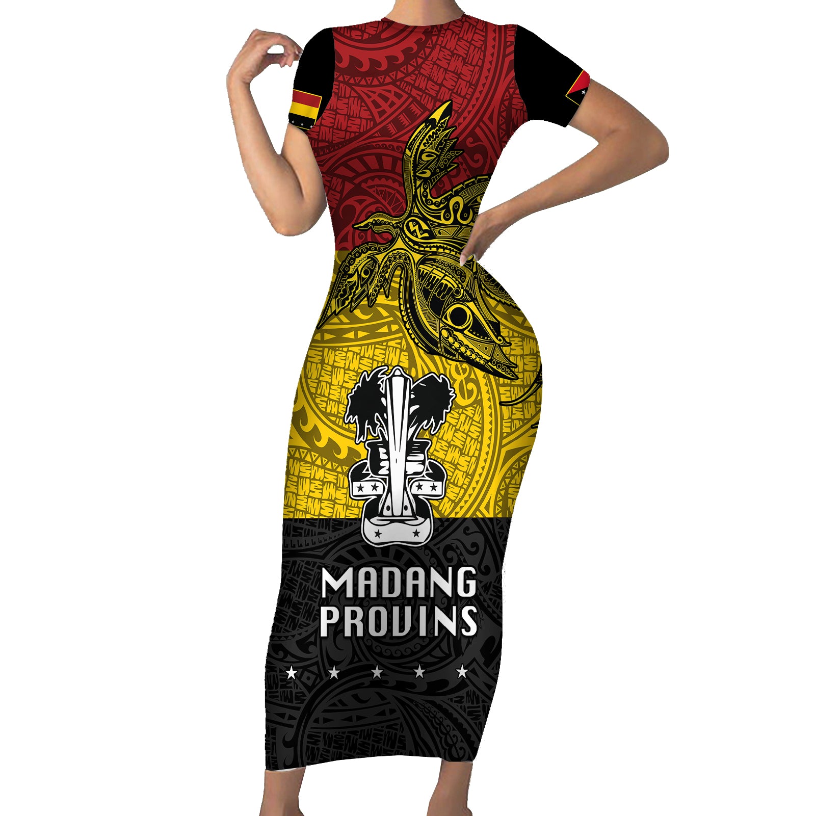 Papua New Guinea Madang Province Short Sleeve Bodycon Dress PNG Birds Of Paradise Polynesian Arty Style LT03 Long Dress Yellow - Polynesian Pride