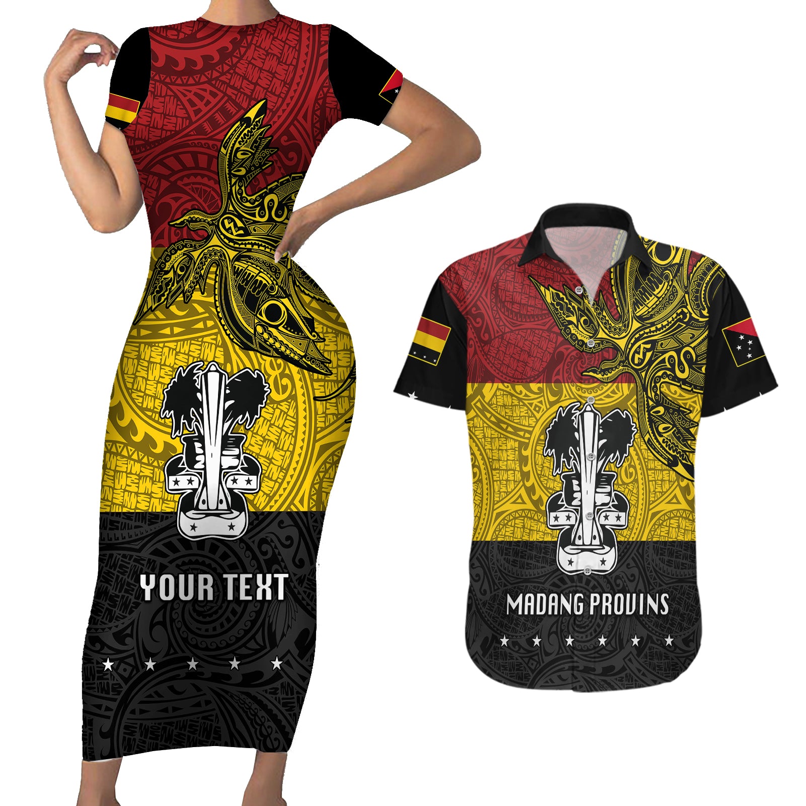 Custom Papua New Guinea Madang Province Couples Matching Short Sleeve Bodycon Dress and Hawaiian Shirt PNG Birds Of Paradise Polynesian Arty Style LT03 Yellow - Polynesian Pride