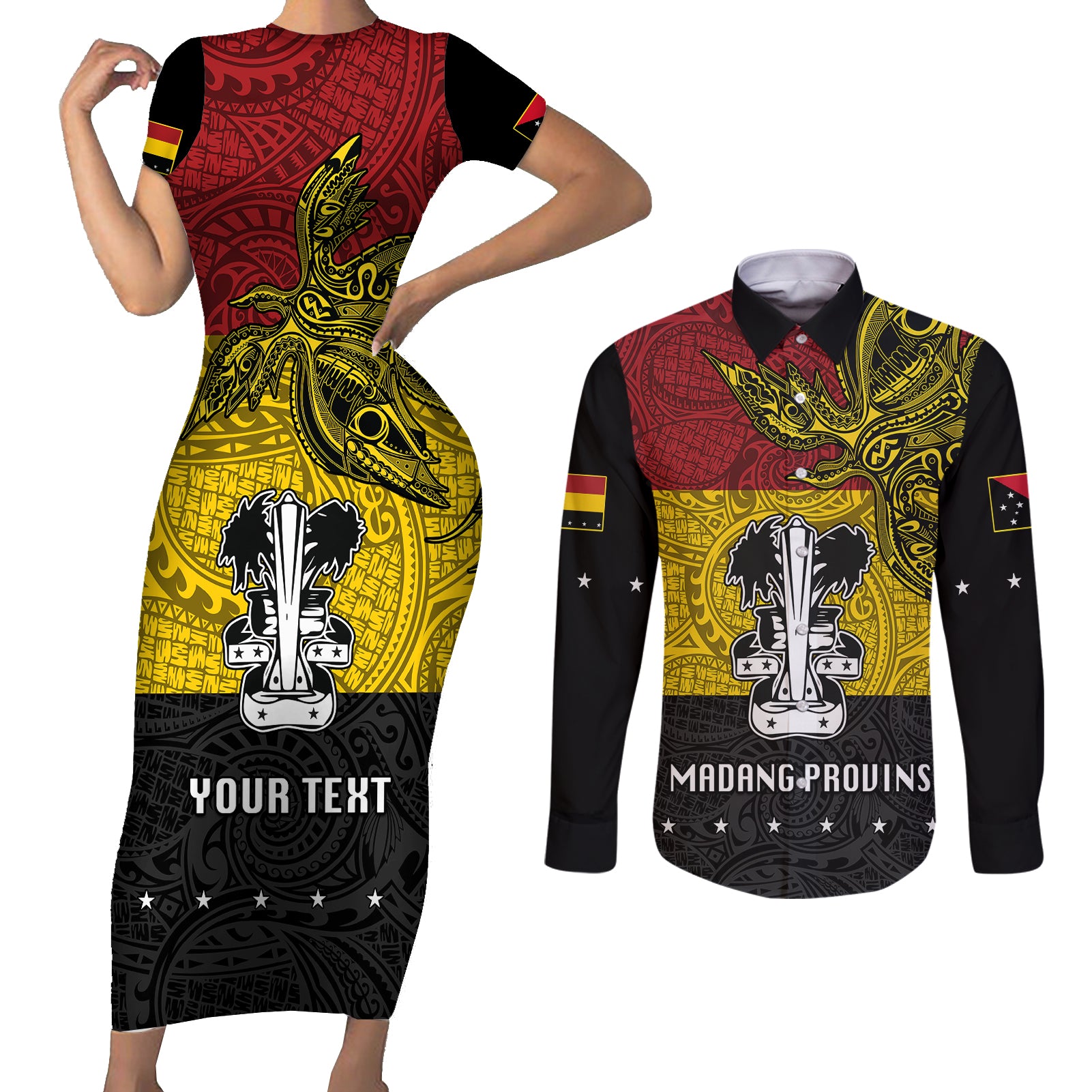 Custom Papua New Guinea Madang Province Couples Matching Short Sleeve Bodycon Dress and Long Sleeve Button Shirts PNG Birds Of Paradise Polynesian Arty Style LT03 Yellow - Polynesian Pride