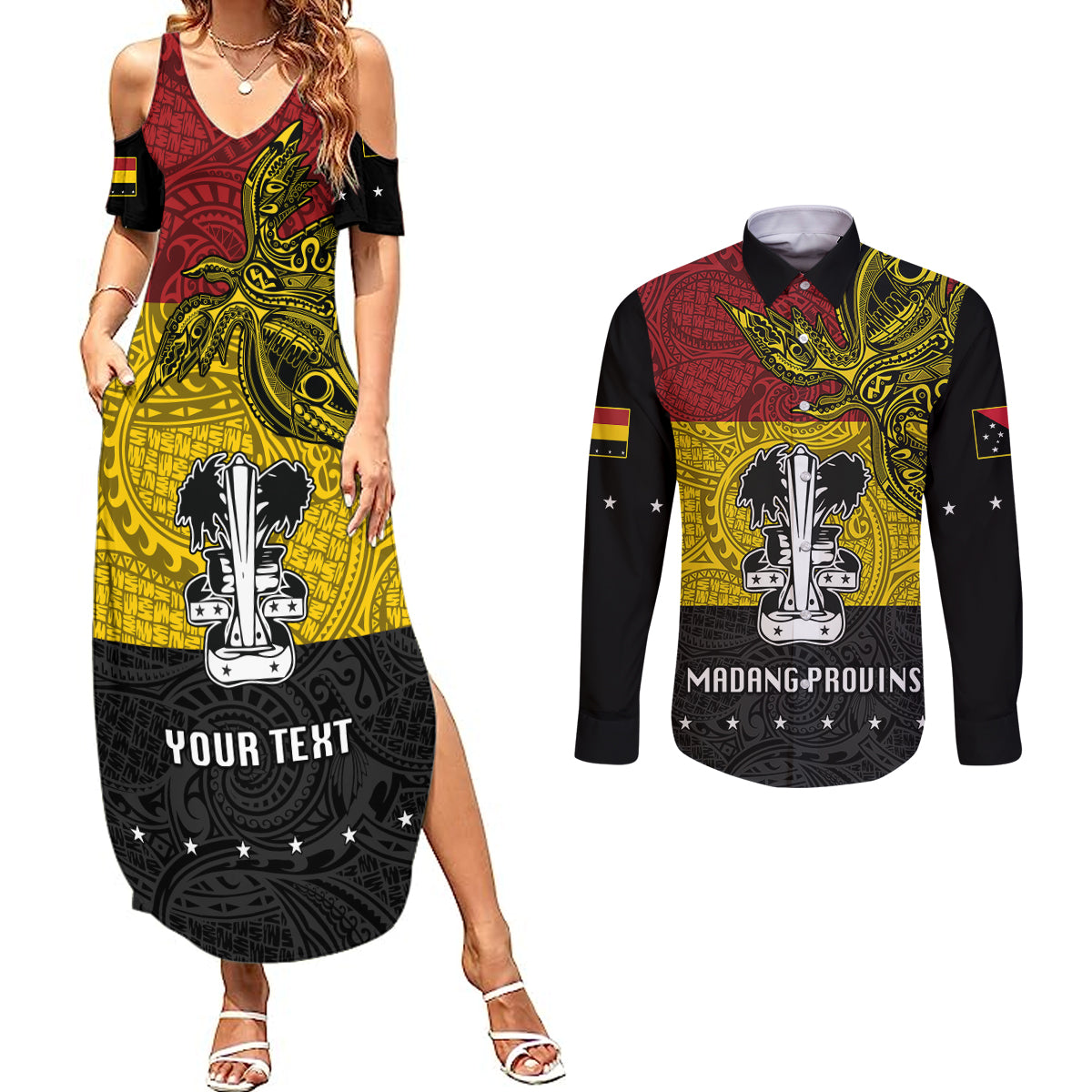 Custom Papua New Guinea Madang Province Couples Matching Summer Maxi Dress and Long Sleeve Button Shirts PNG Birds Of Paradise Polynesian Arty Style LT03 Yellow - Polynesian Pride