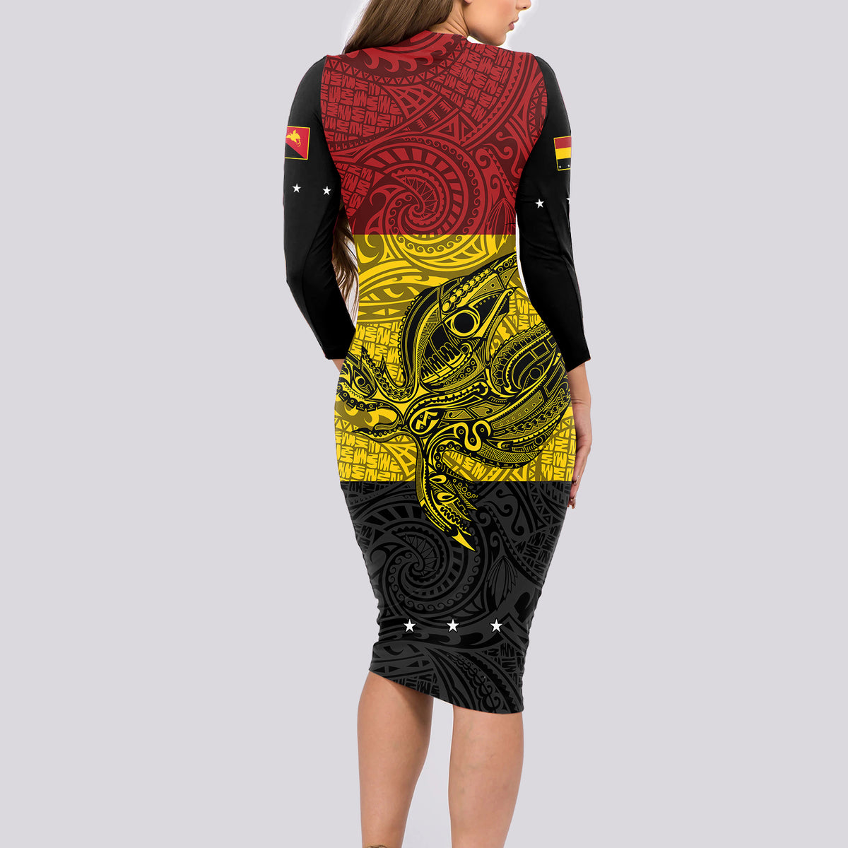 Custom Papua New Guinea Madang Province Long Sleeve Bodycon Dress PNG Birds Of Paradise Polynesian Arty Style LT03 - Polynesian Pride