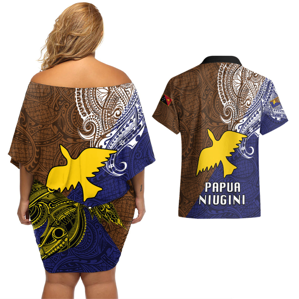 Papua New Guinea Manus Province Couples Matching Off Shoulder Short Dress and Hawaiian Shirt PNG Birds Of Paradise Polynesian Arty Style LT03 - Polynesian Pride