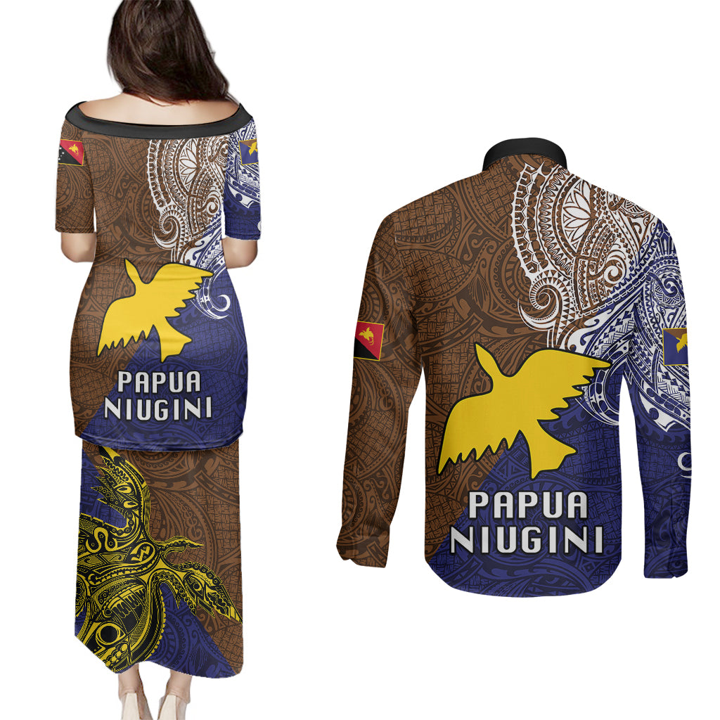 Papua New Guinea Manus Province Couples Matching Puletasi Dress and Long Sleeve Button Shirts PNG Birds Of Paradise Polynesian Arty Style LT03 - Polynesian Pride
