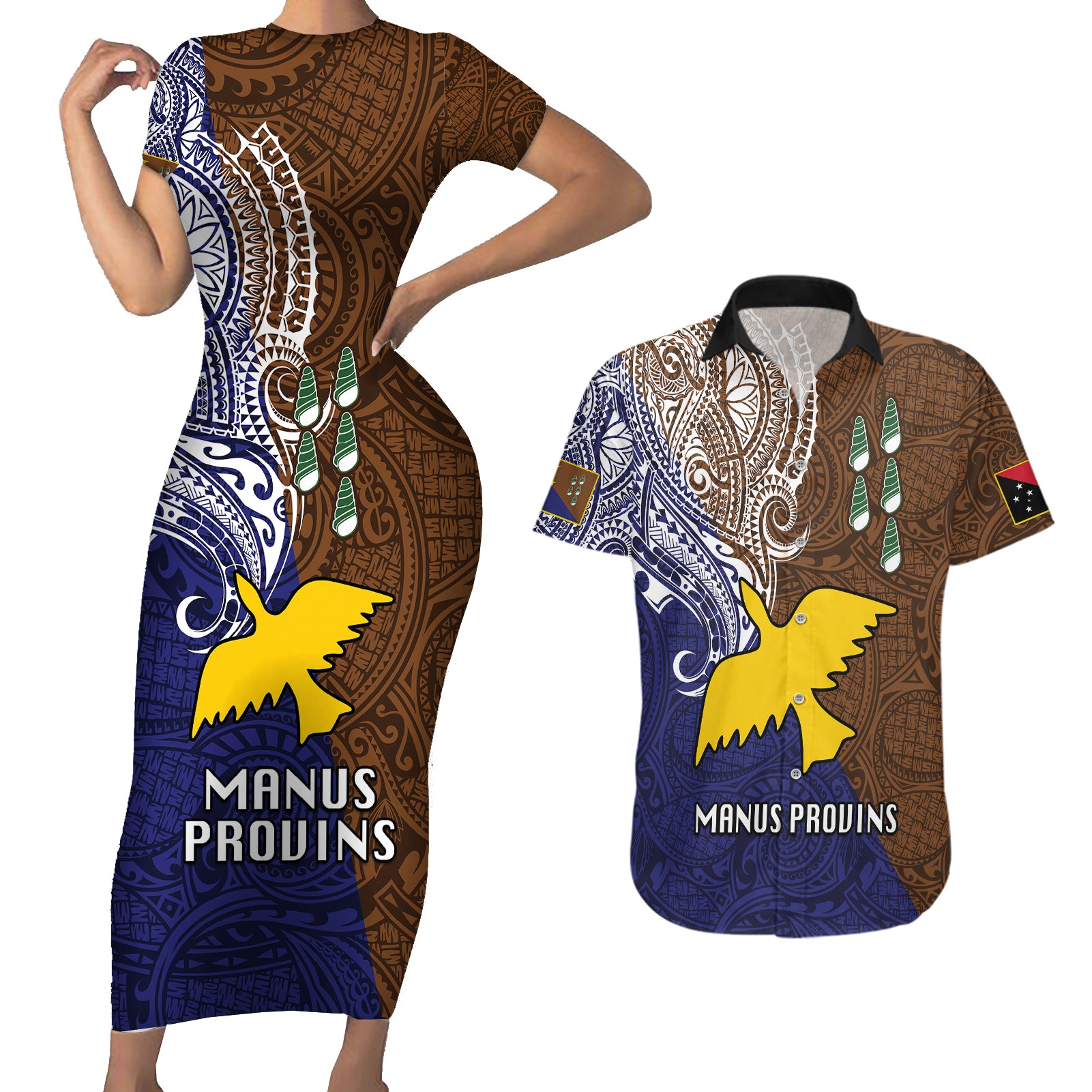 Papua New Guinea Manus Province Couples Matching Short Sleeve Bodycon Dress and Hawaiian Shirt PNG Birds Of Paradise Polynesian Arty Style LT03 Brown - Polynesian Pride