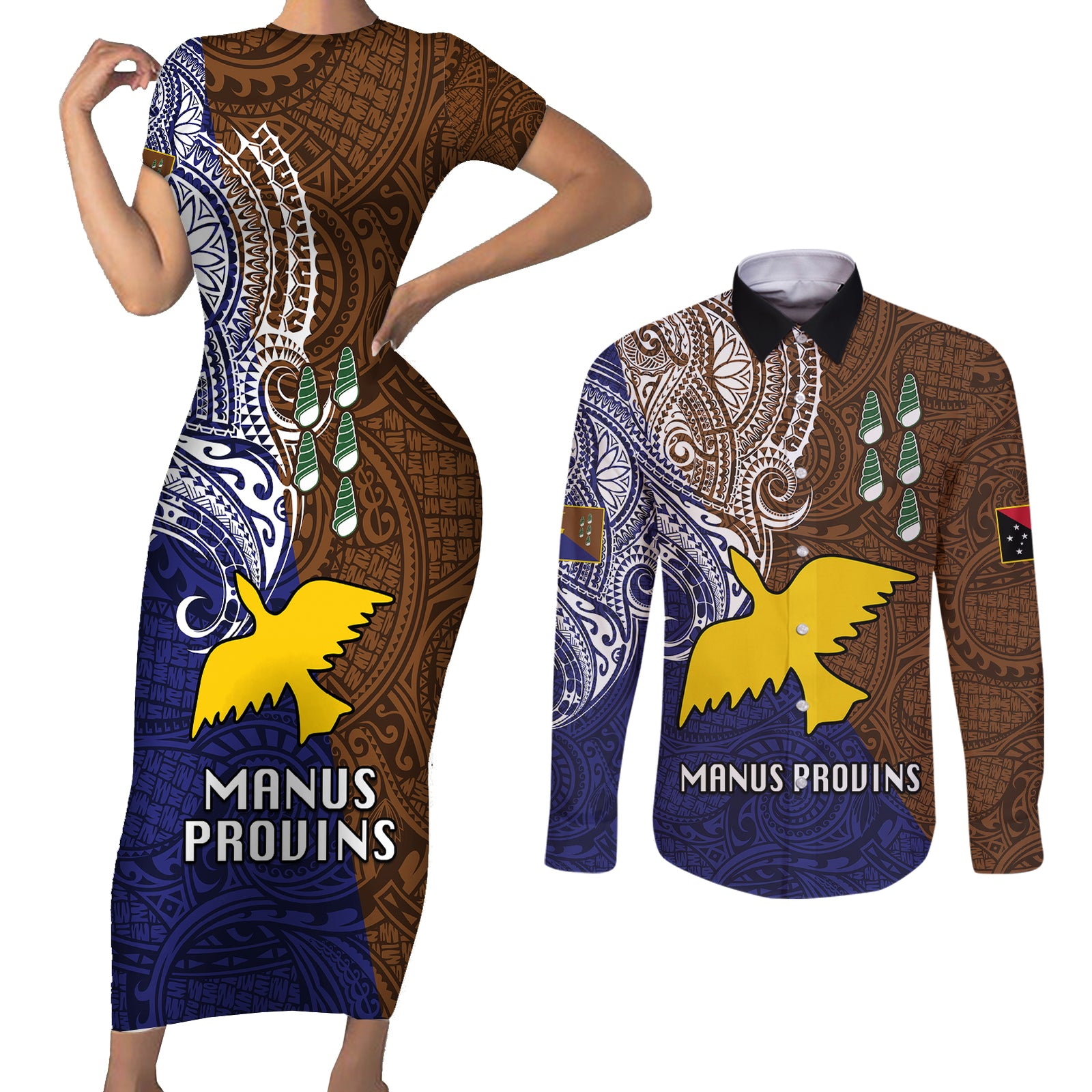 Papua New Guinea Manus Province Couples Matching Short Sleeve Bodycon Dress and Long Sleeve Button Shirts PNG Birds Of Paradise Polynesian Arty Style LT03 Brown - Polynesian Pride