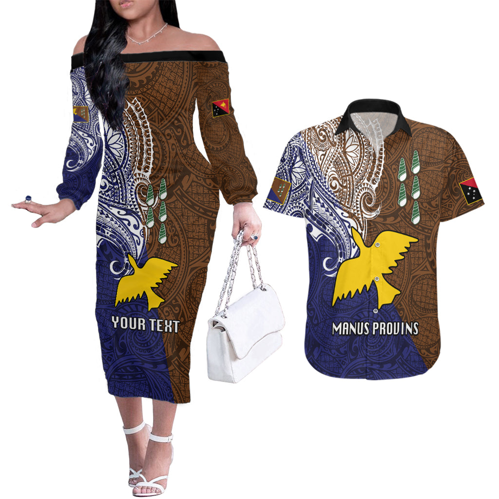 Custom Papua New Guinea Manus Province Couples Matching Off The Shoulder Long Sleeve Dress and Hawaiian Shirt PNG Birds Of Paradise Polynesian Arty Style LT03 Brown - Polynesian Pride