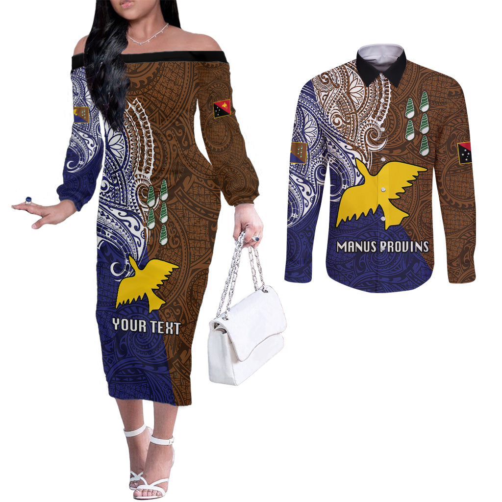 Custom Papua New Guinea Manus Province Couples Matching Off The Shoulder Long Sleeve Dress and Long Sleeve Button Shirts PNG Birds Of Paradise Polynesian Arty Style LT03 Brown - Polynesian Pride