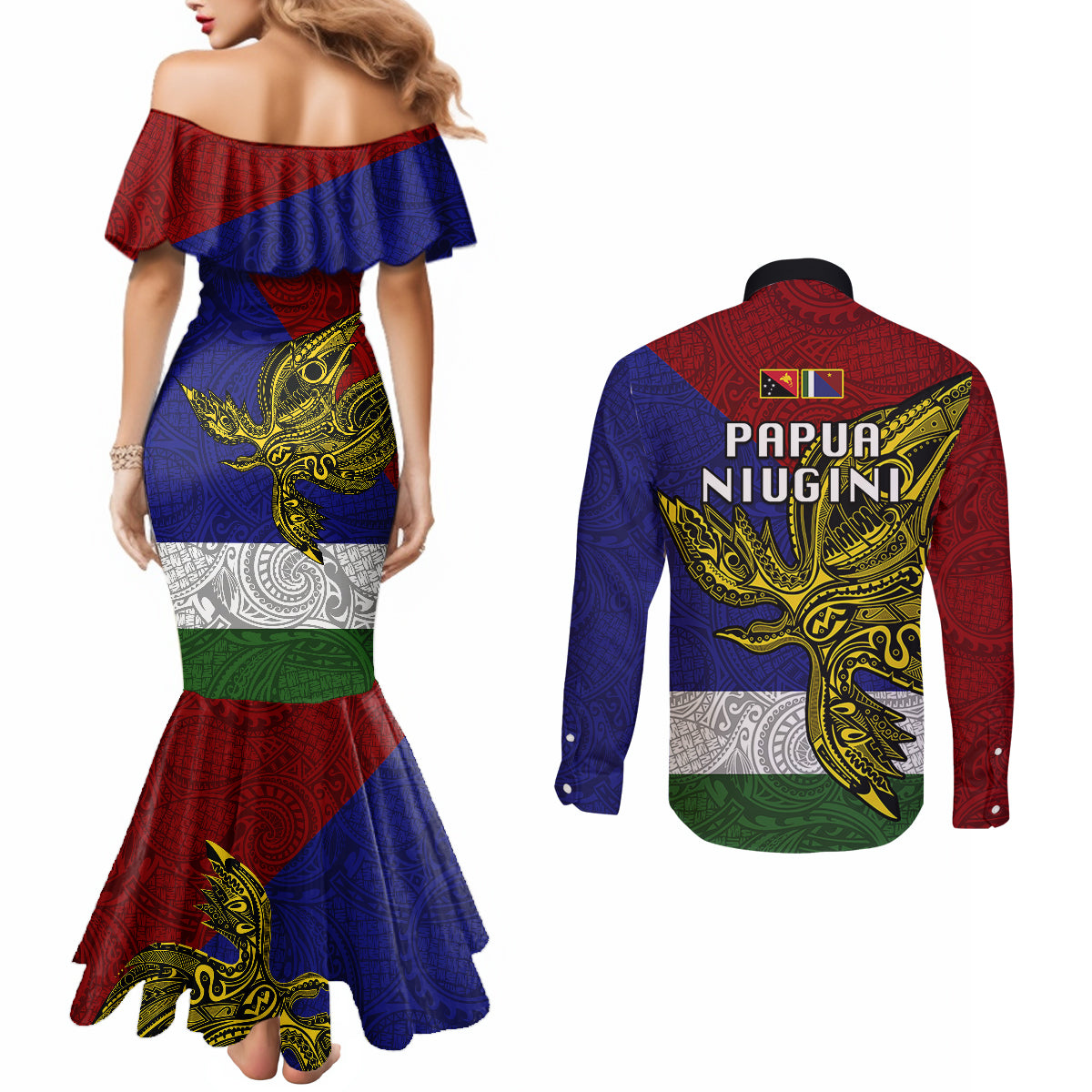 Papua New Guinea Milne Bay Province Couples Matching Mermaid Dress and Long Sleeve Button Shirts PNG Birds Of Paradise Polynesian Arty Style LT03 - Polynesian Pride