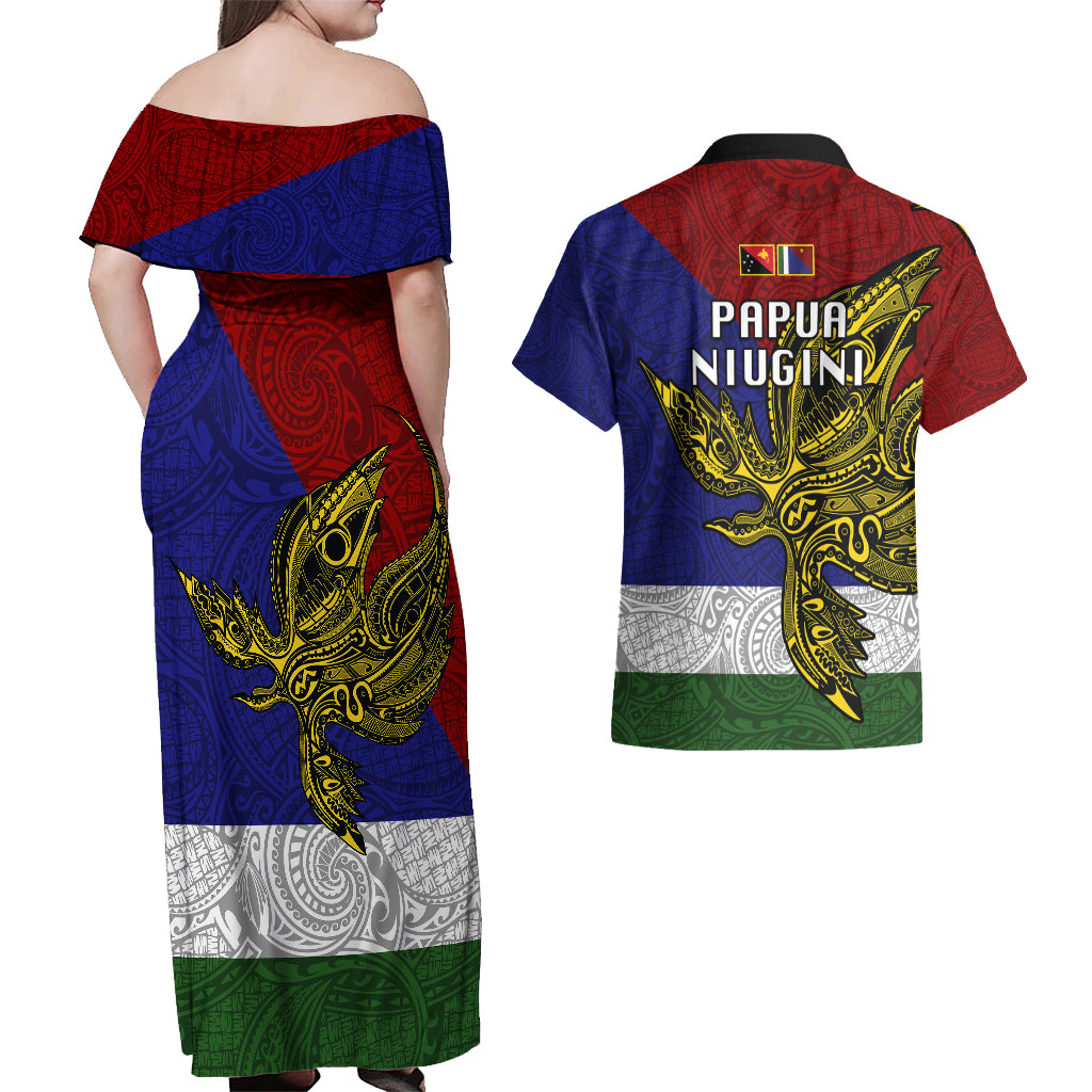 Papua New Guinea Milne Bay Province Couples Matching Off Shoulder Maxi Dress and Hawaiian Shirt PNG Birds Of Paradise Polynesian Arty Style LT03 - Polynesian Pride
