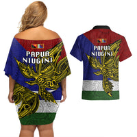 Papua New Guinea Milne Bay Province Couples Matching Off Shoulder Short Dress and Hawaiian Shirt PNG Birds Of Paradise Polynesian Arty Style LT03 - Polynesian Pride