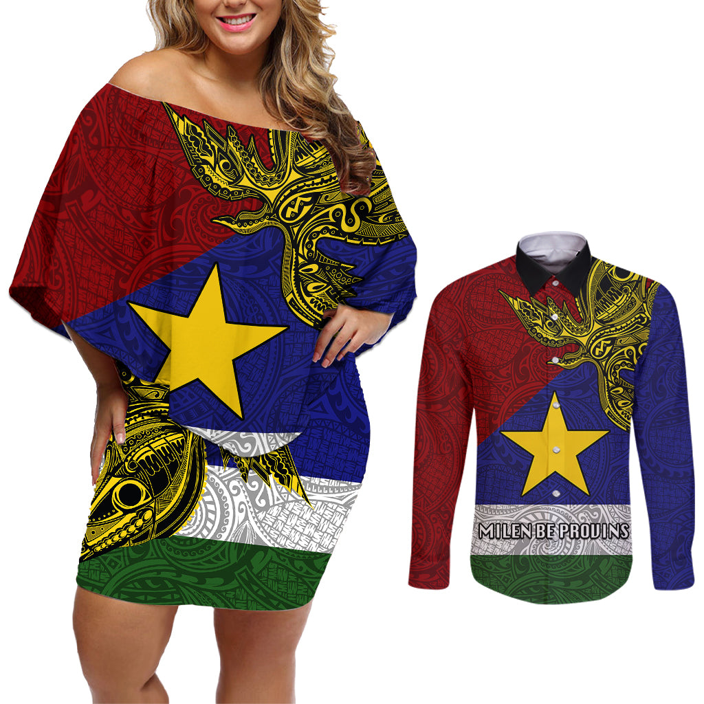 Papua New Guinea Milne Bay Province Couples Matching Off Shoulder Short Dress and Long Sleeve Button Shirts PNG Birds Of Paradise Polynesian Arty Style LT03 Blue - Polynesian Pride