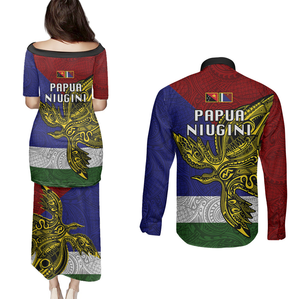 Papua New Guinea Milne Bay Province Couples Matching Puletasi Dress and Long Sleeve Button Shirts PNG Birds Of Paradise Polynesian Arty Style LT03 - Polynesian Pride