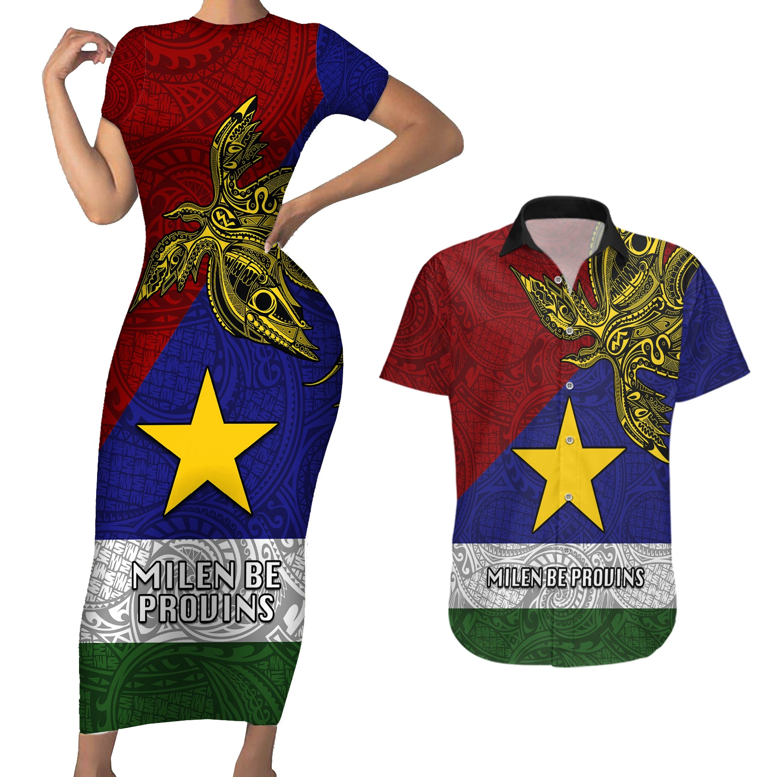 Papua New Guinea Milne Bay Province Couples Matching Short Sleeve Bodycon Dress and Hawaiian Shirt PNG Birds Of Paradise Polynesian Arty Style LT03 Blue - Polynesian Pride