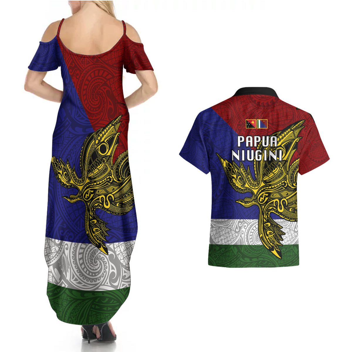 Papua New Guinea Milne Bay Province Couples Matching Summer Maxi Dress and Hawaiian Shirt PNG Birds Of Paradise Polynesian Arty Style LT03 - Polynesian Pride