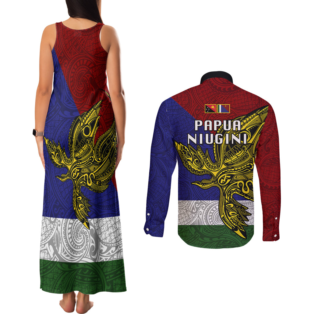 Papua New Guinea Milne Bay Province Couples Matching Tank Maxi Dress and Long Sleeve Button Shirts PNG Birds Of Paradise Polynesian Arty Style LT03 - Polynesian Pride