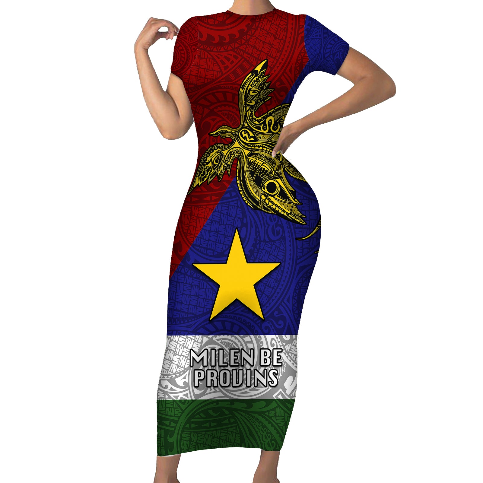 Papua New Guinea Milne Bay Province Short Sleeve Bodycon Dress PNG Birds Of Paradise Polynesian Arty Style LT03 Long Dress Blue - Polynesian Pride