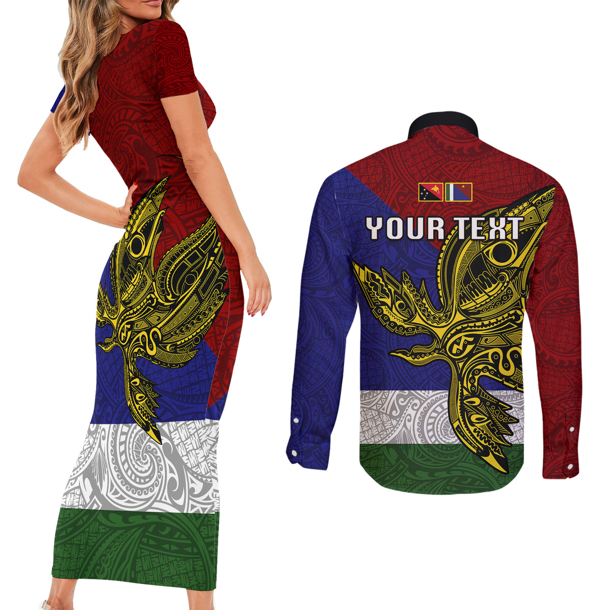 Custom Papua New Guinea Milne Bay Province Couples Matching Short Sleeve Bodycon Dress and Long Sleeve Button Shirts PNG Birds Of Paradise Polynesian Arty Style LT03 - Polynesian Pride