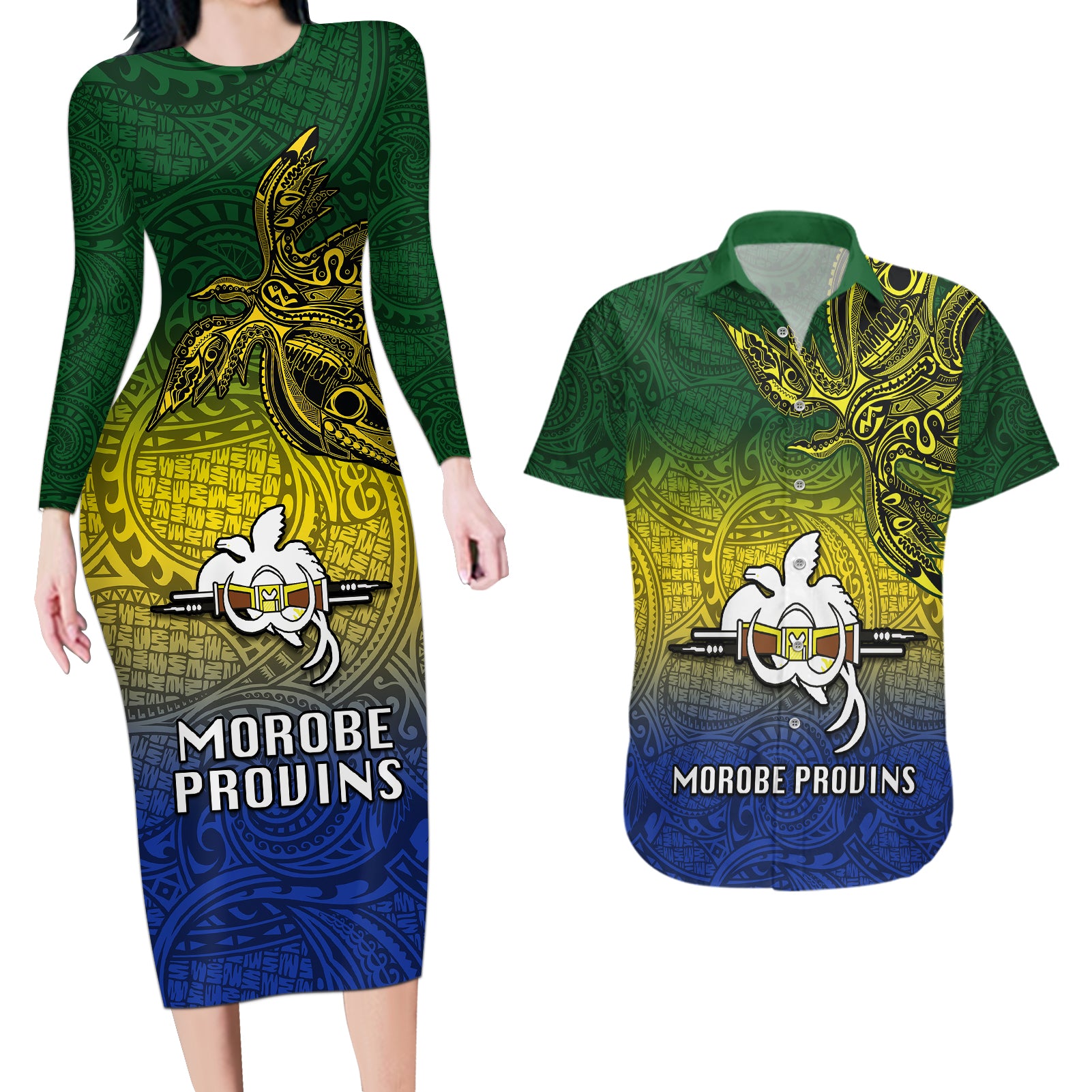 Papua New Guinea Morobe Province Couples Matching Long Sleeve Bodycon Dress and Hawaiian Shirt PNG Birds Of Paradise Polynesian Arty Style LT03 Yellow - Polynesian Pride