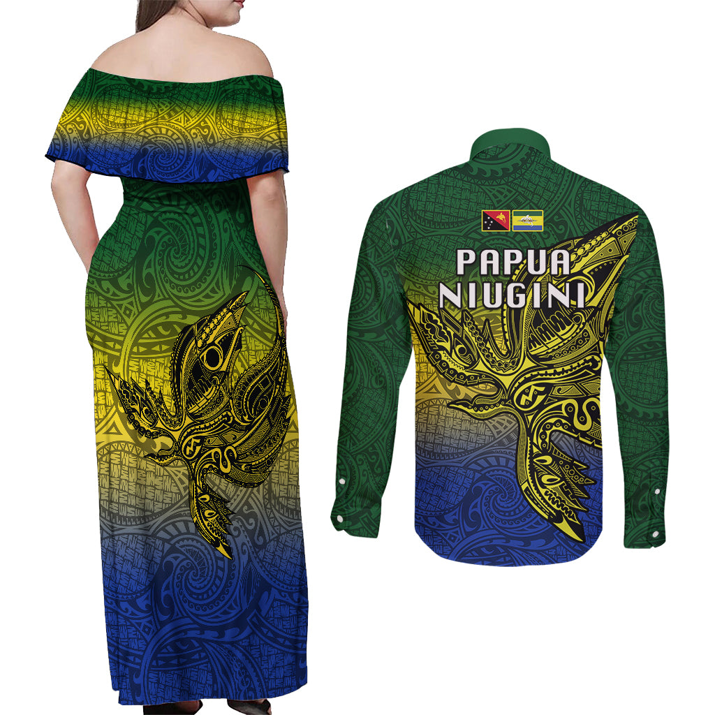Papua New Guinea Morobe Province Couples Matching Off Shoulder Maxi Dress and Long Sleeve Button Shirts PNG Birds Of Paradise Polynesian Arty Style LT03 - Polynesian Pride