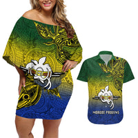 Papua New Guinea Morobe Province Couples Matching Off Shoulder Short Dress and Hawaiian Shirt PNG Birds Of Paradise Polynesian Arty Style LT03 Yellow - Polynesian Pride