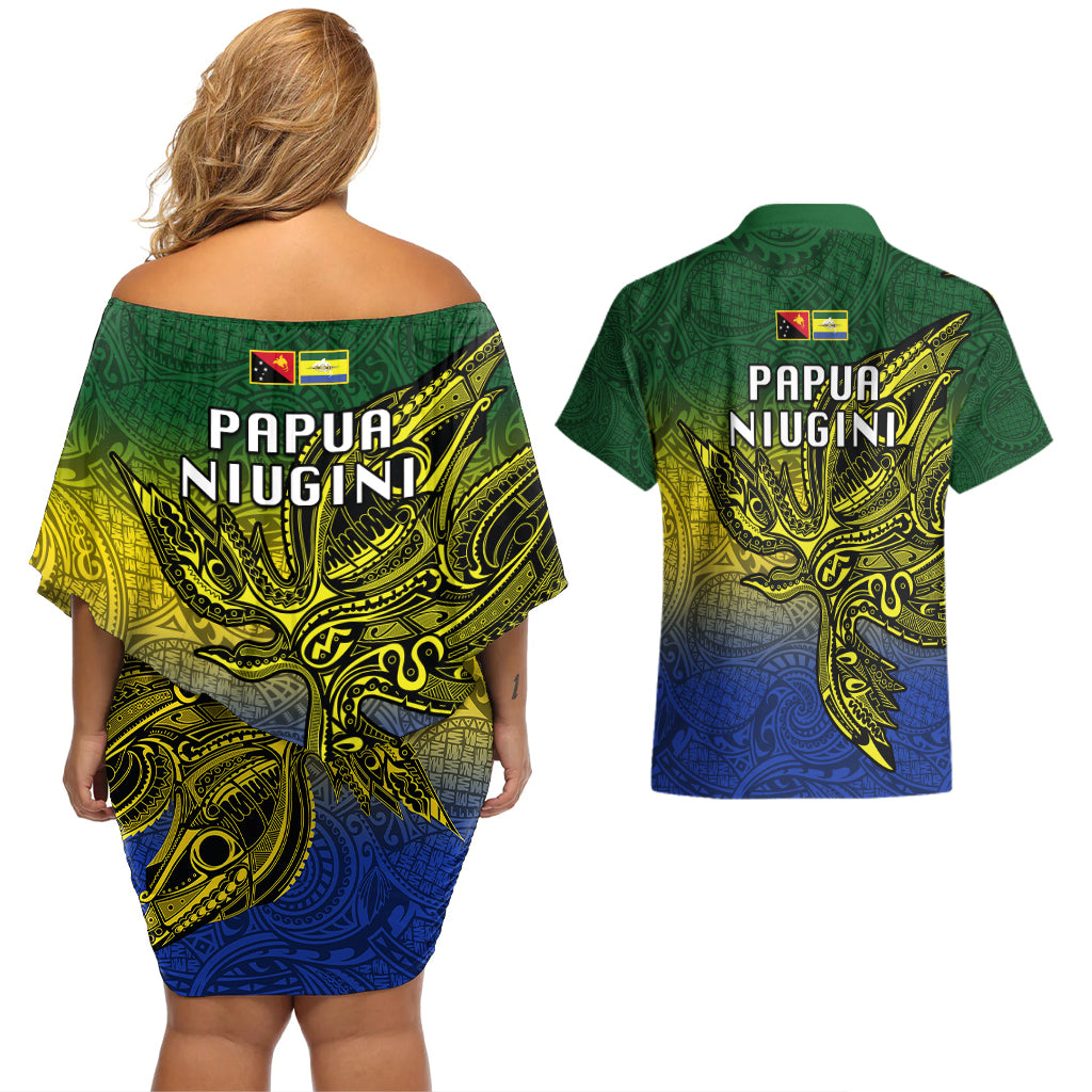 Papua New Guinea Morobe Province Couples Matching Off Shoulder Short Dress and Hawaiian Shirt PNG Birds Of Paradise Polynesian Arty Style LT03 - Polynesian Pride