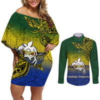 Papua New Guinea Morobe Province Couples Matching Off Shoulder Short Dress and Long Sleeve Button Shirts PNG Birds Of Paradise Polynesian Arty Style LT03 Yellow - Polynesian Pride