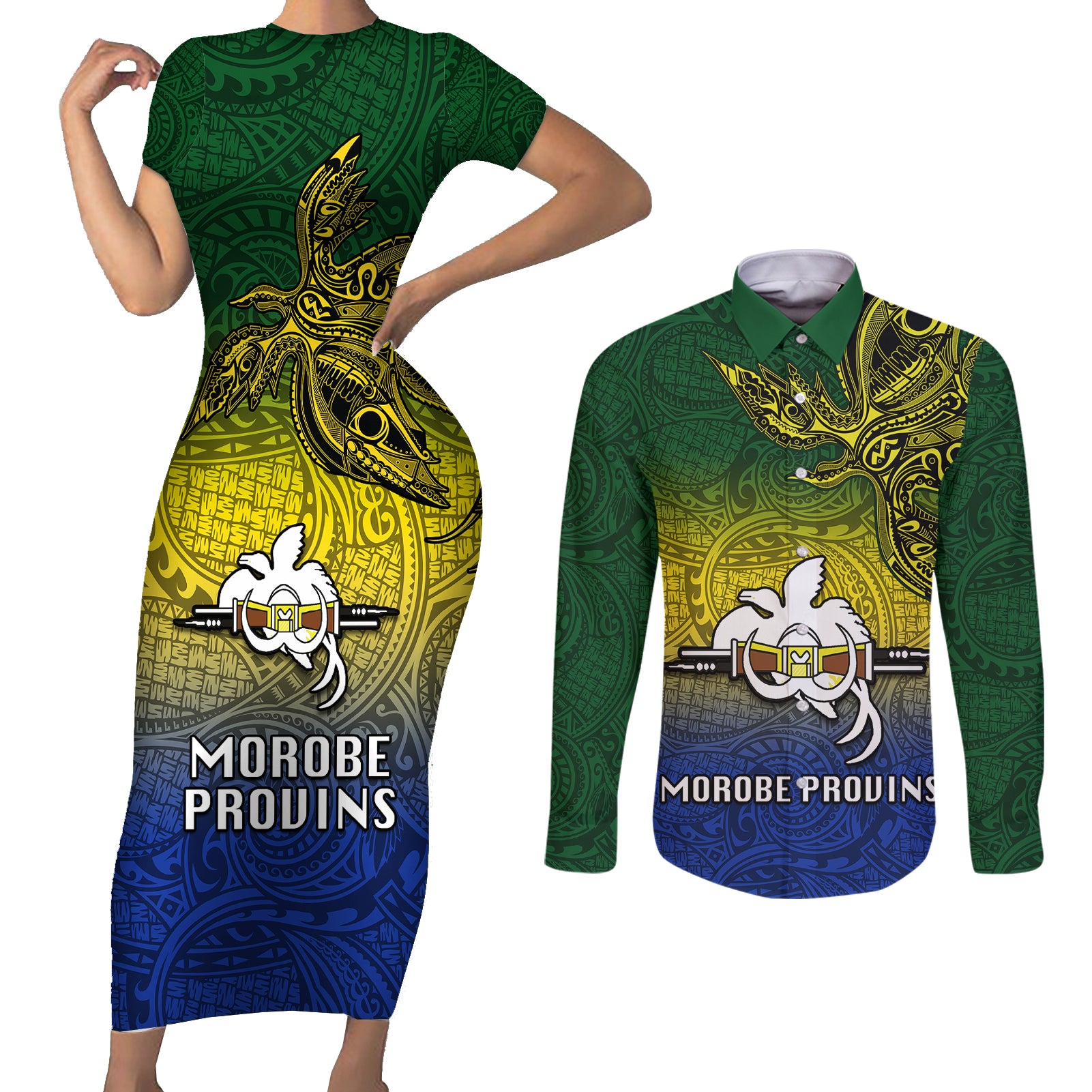 Papua New Guinea Morobe Province Couples Matching Short Sleeve Bodycon Dress and Long Sleeve Button Shirts PNG Birds Of Paradise Polynesian Arty Style LT03 Yellow - Polynesian Pride