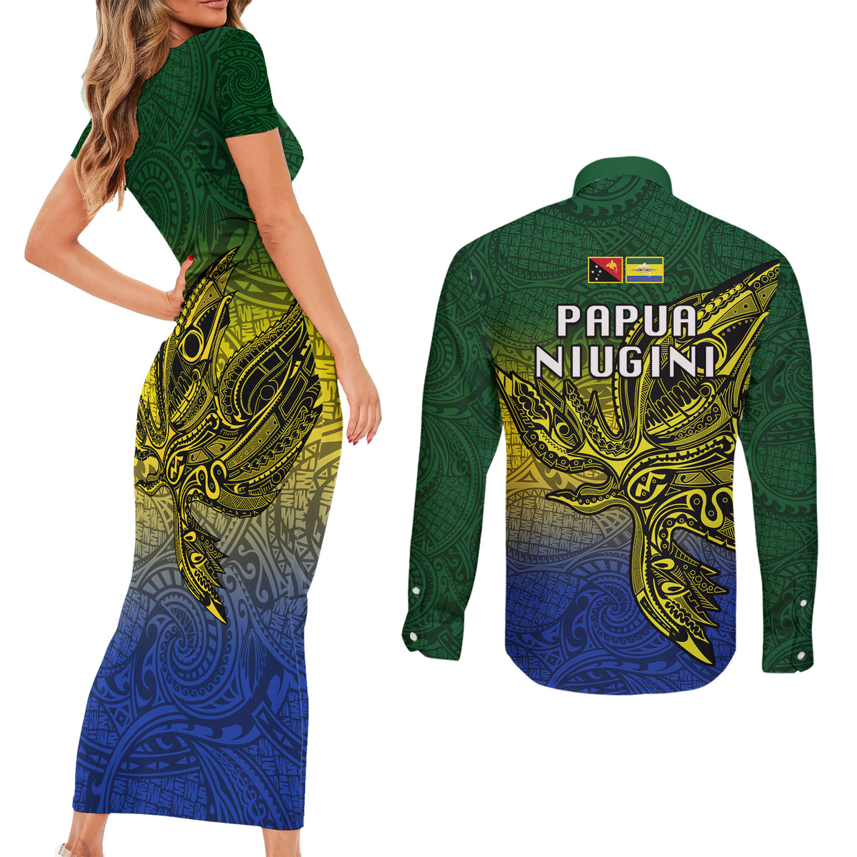 Papua New Guinea Morobe Province Couples Matching Short Sleeve Bodycon Dress and Long Sleeve Button Shirts PNG Birds Of Paradise Polynesian Arty Style LT03 - Polynesian Pride
