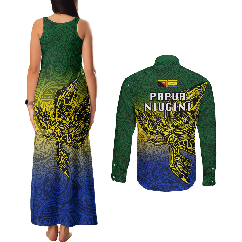 Papua New Guinea Morobe Province Couples Matching Tank Maxi Dress and Long Sleeve Button Shirts PNG Birds Of Paradise Polynesian Arty Style LT03 - Polynesian Pride