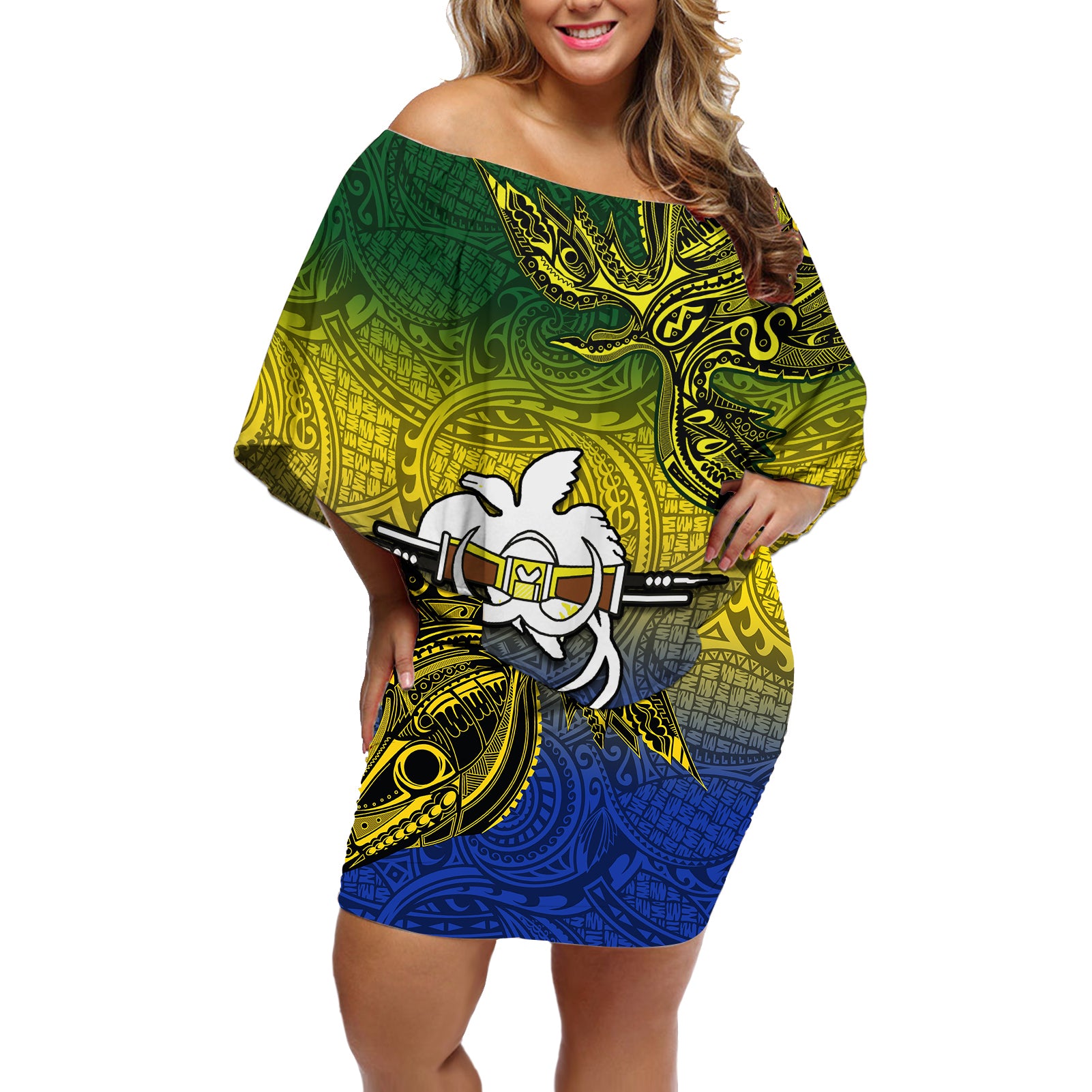 Papua New Guinea Morobe Province Off Shoulder Short Dress PNG Birds Of Paradise Polynesian Arty Style LT03 Women Yellow - Polynesian Pride