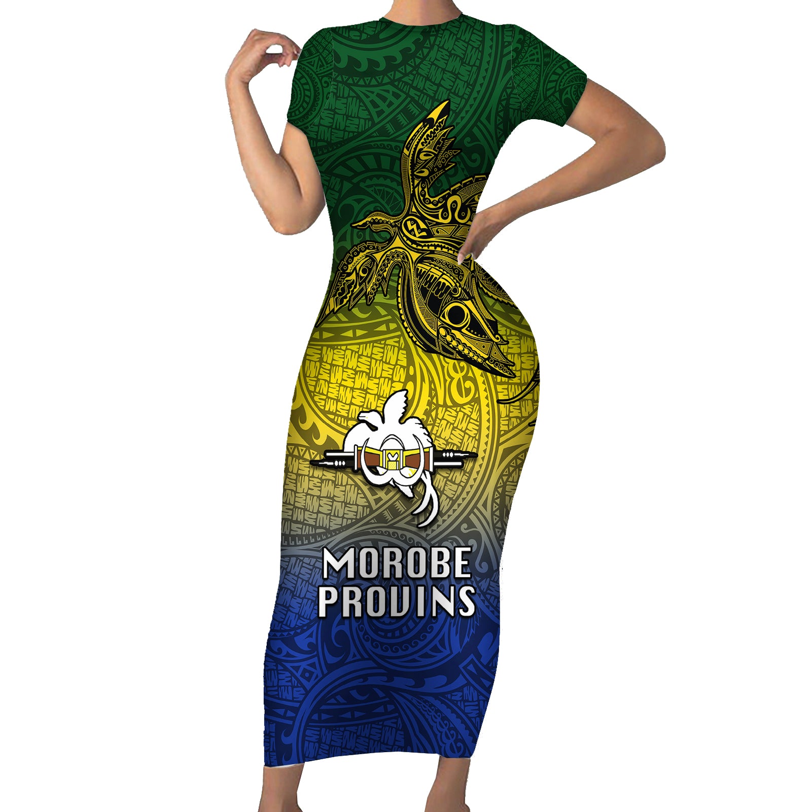 Papua New Guinea Morobe Province Short Sleeve Bodycon Dress PNG Birds Of Paradise Polynesian Arty Style LT03 Long Dress Yellow - Polynesian Pride