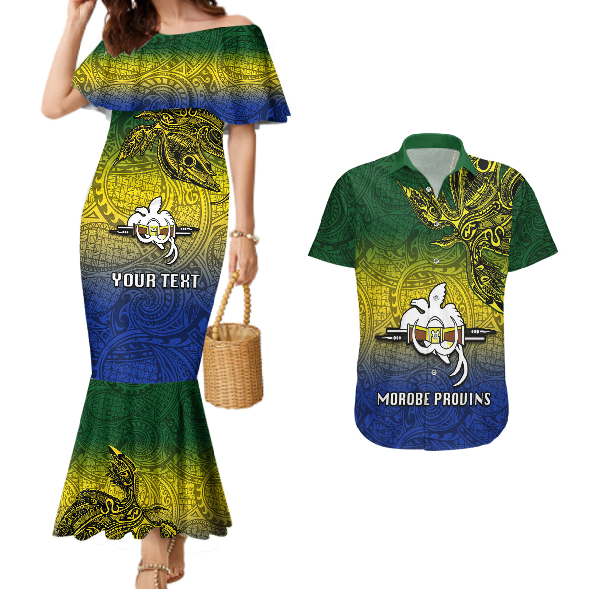 Custom Papua New Guinea Morobe Province Couples Matching Mermaid Dress and Hawaiian Shirt PNG Birds Of Paradise Polynesian Arty Style LT03 Yellow - Polynesian Pride