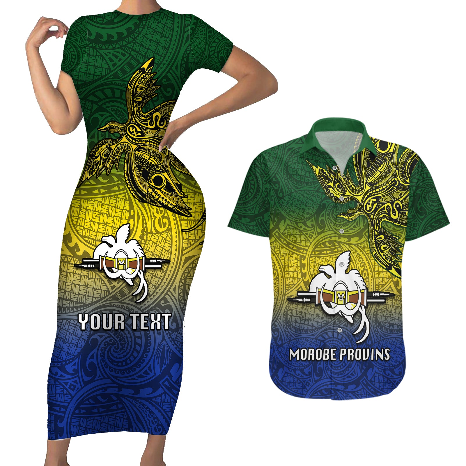 Custom Papua New Guinea Morobe Province Couples Matching Short Sleeve Bodycon Dress and Hawaiian Shirt PNG Birds Of Paradise Polynesian Arty Style LT03 Yellow - Polynesian Pride