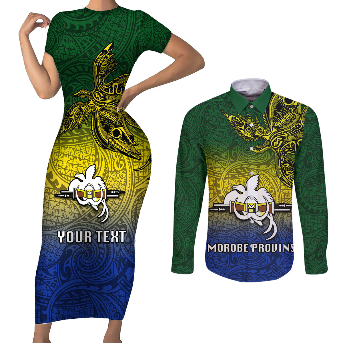 Custom Papua New Guinea Morobe Province Couples Matching Short Sleeve Bodycon Dress and Long Sleeve Button Shirts PNG Birds Of Paradise Polynesian Arty Style LT03 Yellow - Polynesian Pride
