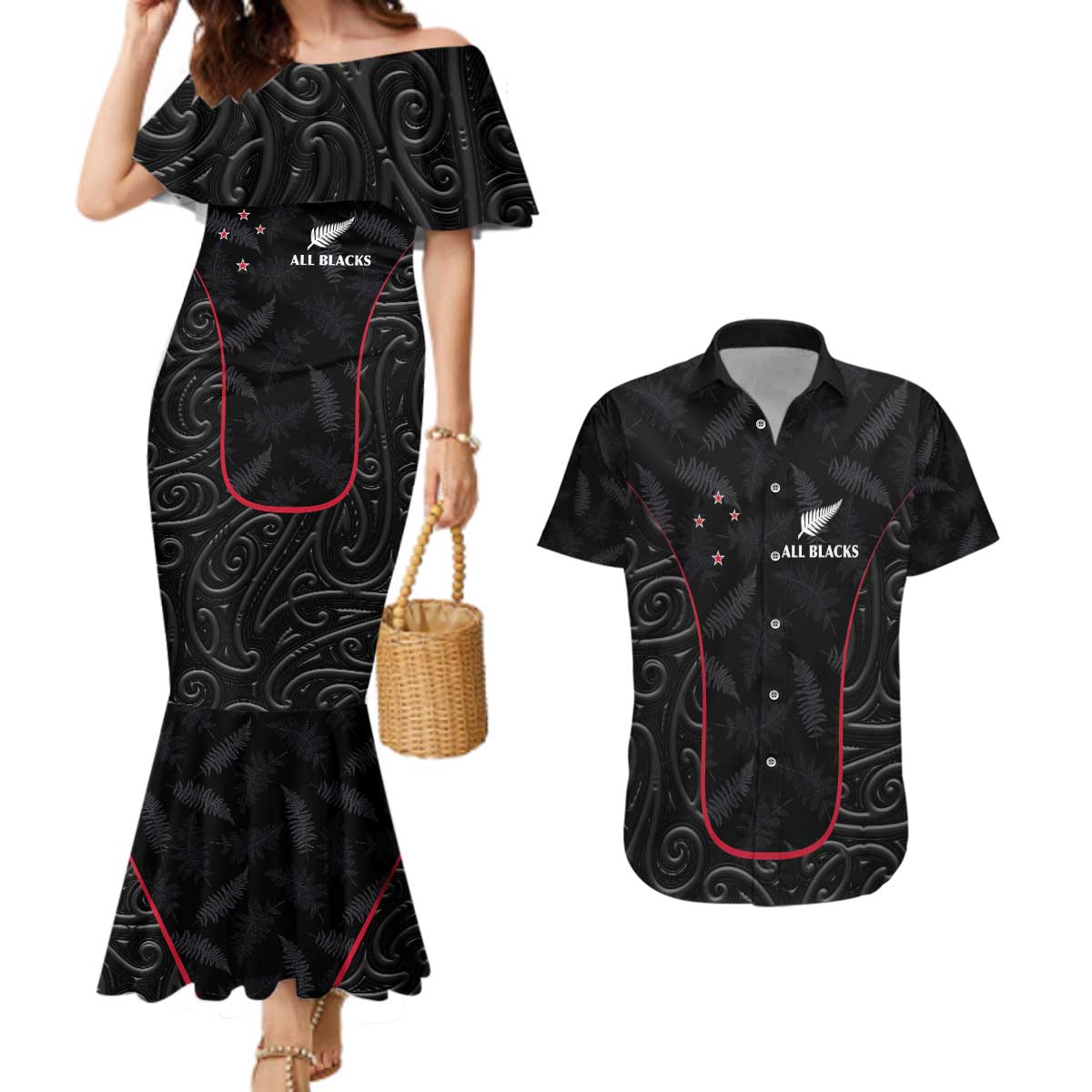 Custom New Zealand Rugby Couples Matching Mermaid Dress and Hawaiian Shirt Maori All Black Championship 2024 and Silver Fern LT03 Black - Polynesian Pride