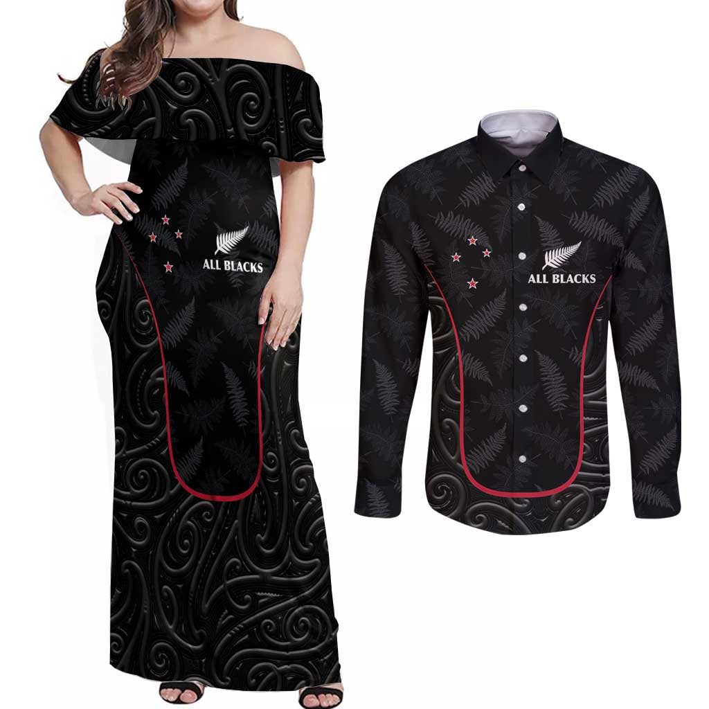 Custom New Zealand Rugby Couples Matching Off Shoulder Maxi Dress and Long Sleeve Button Shirt Maori All Black Championship 2024 and Silver Fern LT03 Black - Polynesian Pride