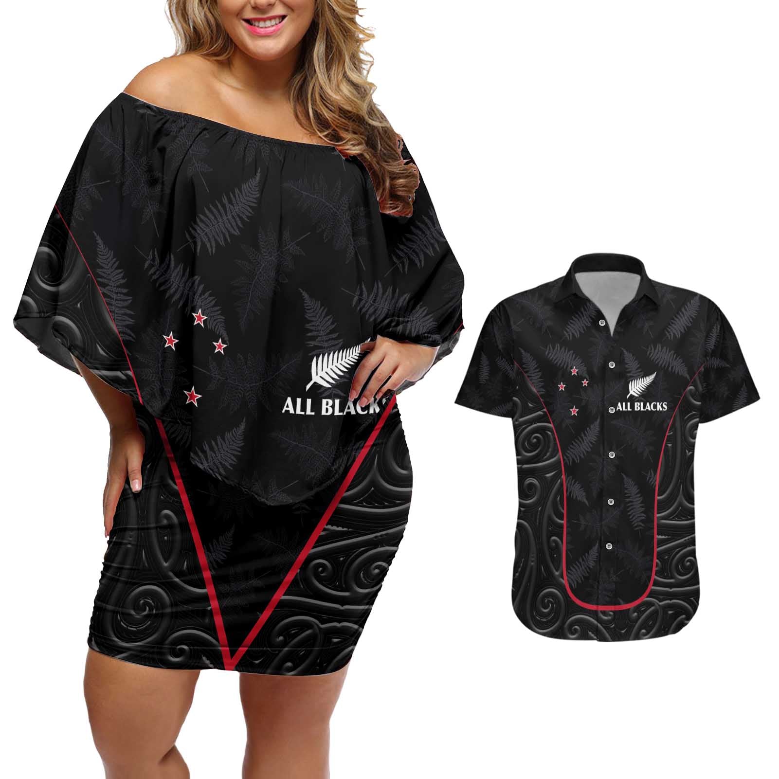 Custom New Zealand Rugby Couples Matching Off Shoulder Short Dress and Hawaiian Shirt Maori All Black Championship 2024 and Silver Fern