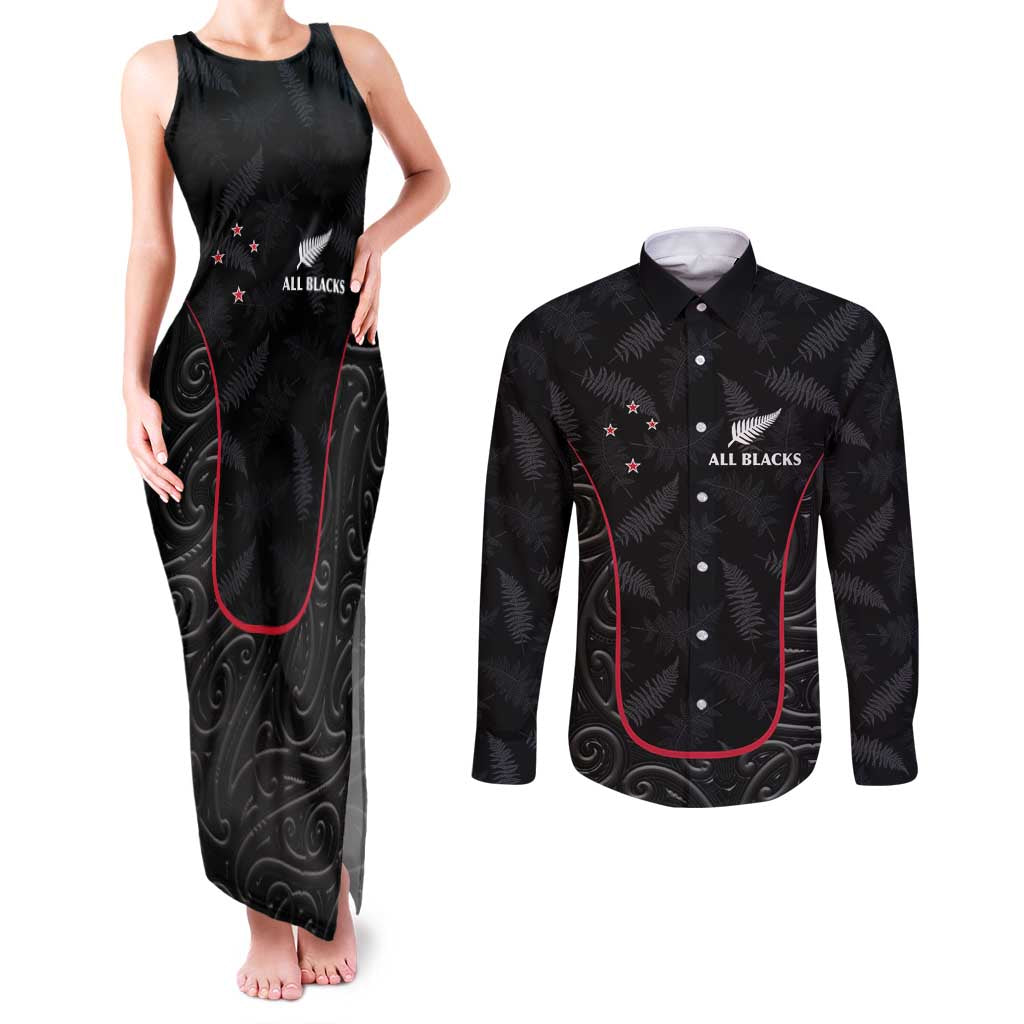Custom New Zealand Rugby Couples Matching Tank Maxi Dress and Long Sleeve Button Shirt Maori All Black Championship 2024 and Silver Fern LT03 Black - Polynesian Pride