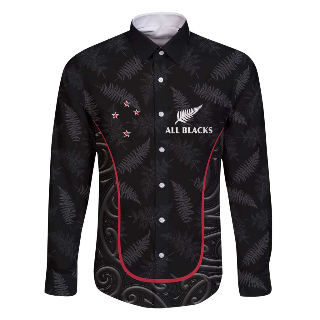 Custom New Zealand Rugby Family Matching Mermaid Dress and Hawaiian Shirt Maori All Black Championship 2024 and Silver Fern LT03 Dad's Shirt - Long Sleeve Black - Polynesian Pride